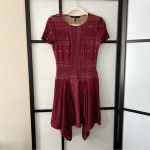 [XXS] BCBG Maxazria Burgundy Lace Scoop Neck Short Sleeve Mini Dress